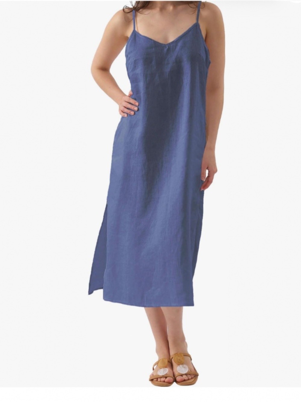 Women’s Linen Spaghetti Strap Slip Midi Dress in Navy Sz L EUC $49R